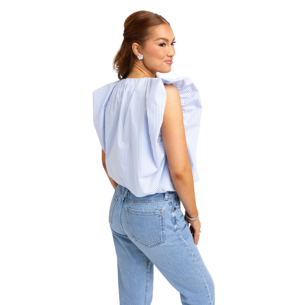BLUE STRIPE V-NECK POPLIN BUBBLE TOP