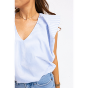 BLUE STRIPE V-NECK POPLIN BUBBLE TOP