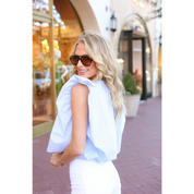 BLUE STRIPE V-NECK POPLIN BUBBLE TOP