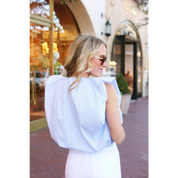 BLUE STRIPE V-NECK POPLIN BUBBLE TOP