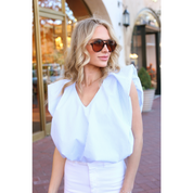 BLUE STRIPE V-NECK POPLIN BUBBLE TOP