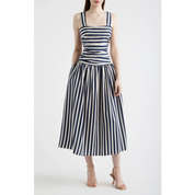 GEORGIE GATHERED DRESS STRIPE/NAVY