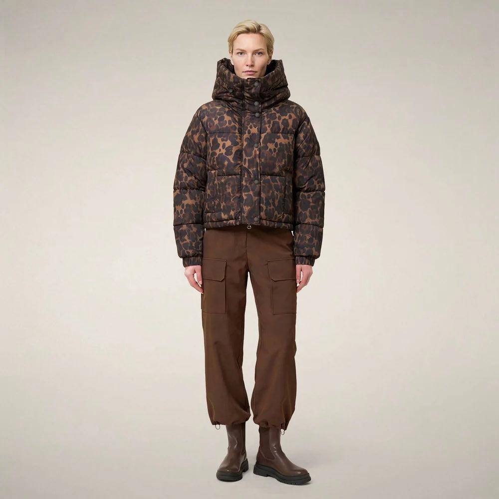 WOMEN'S CROPPED PUFFER JACKET MOD. RHIANNON IN DARK BROWN LEOPARD