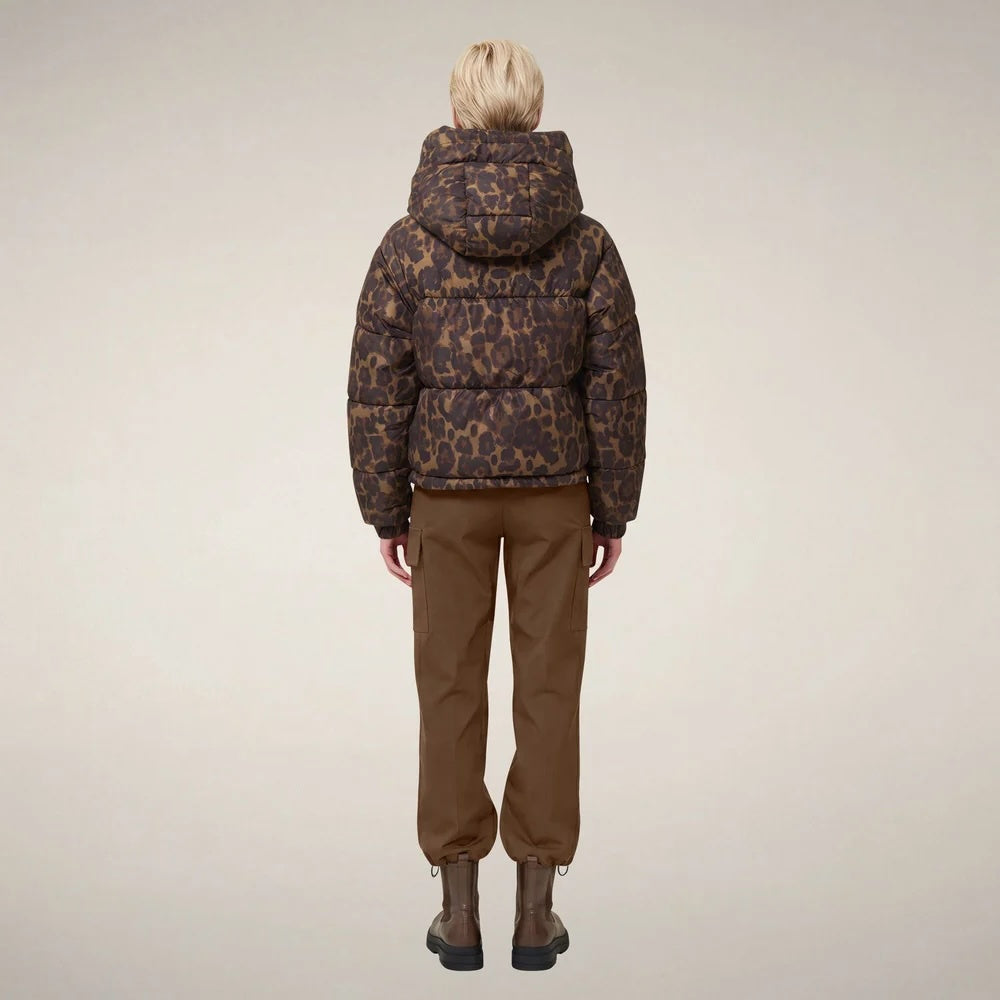 WOMEN'S CROPPED PUFFER JACKET MOD. RHIANNON IN DARK BROWN LEOPARD