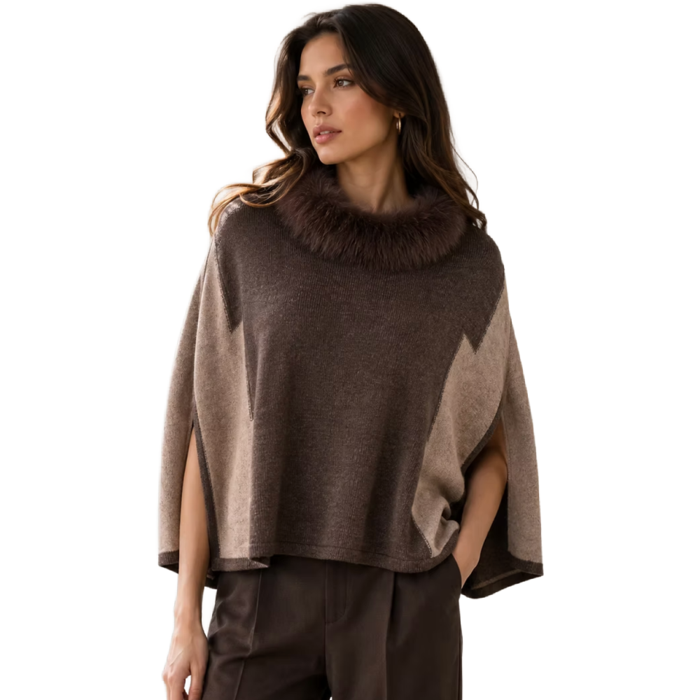KNIT PONCHO 2 TONE BROWN