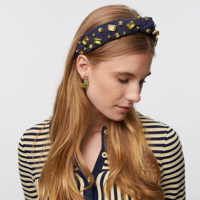 MIDNIGHT BLUE CRYSTAL CORDUROY SLIM KNOTTED HEADBAND