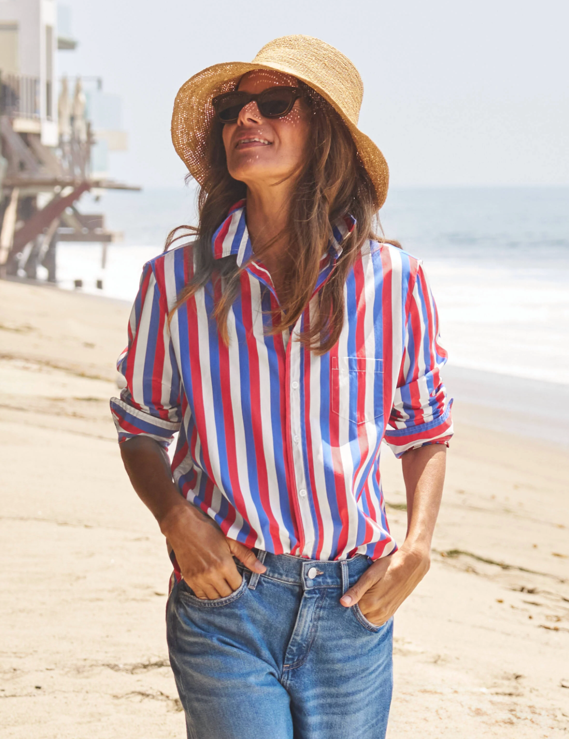 RELAXED BUTTON-UP RED BLUE CREAM STRIPE
