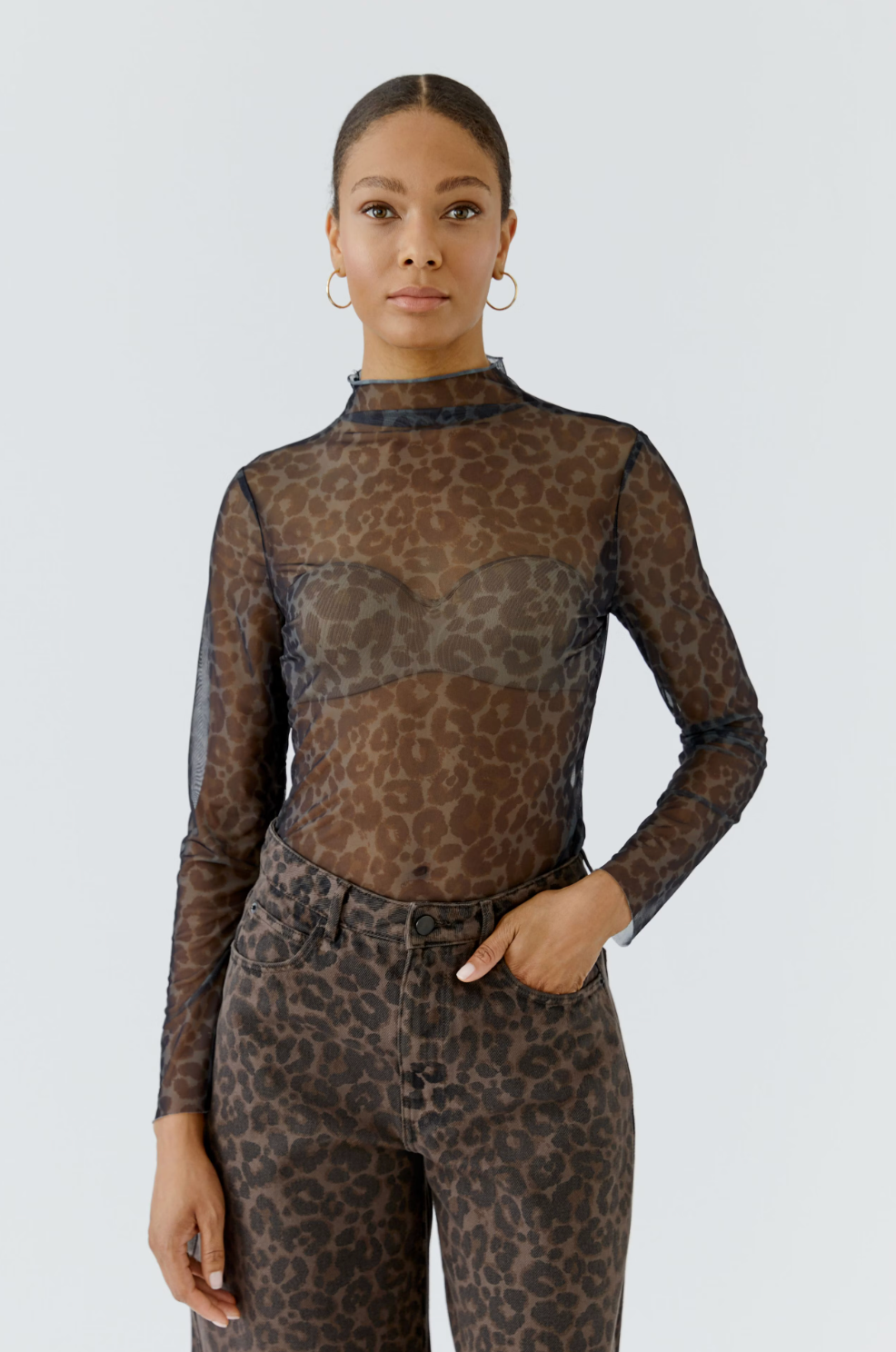 SHEER TOP DARKBROWN GREY LEOPARD