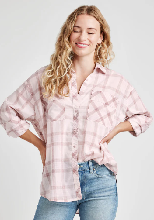 MACIE PLAID BUTTON DOWN ROSE