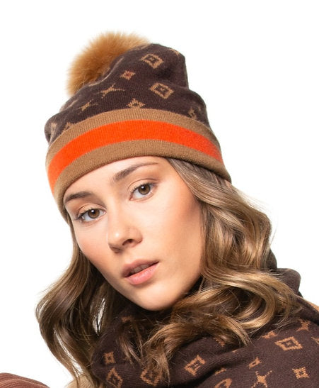 KNIT MONOGRAM BEANIE BROWN