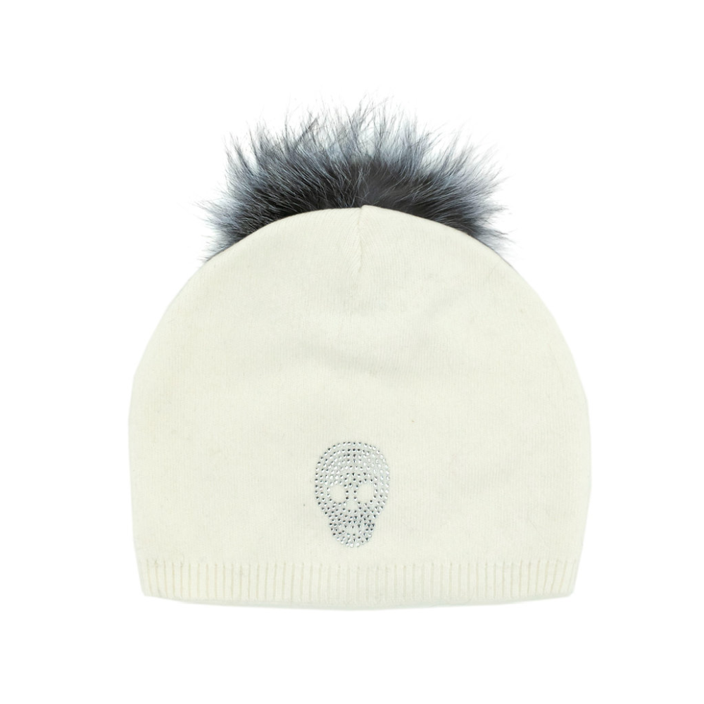 KNIT SLOUCH FIT BEANIE WHITE SKULL